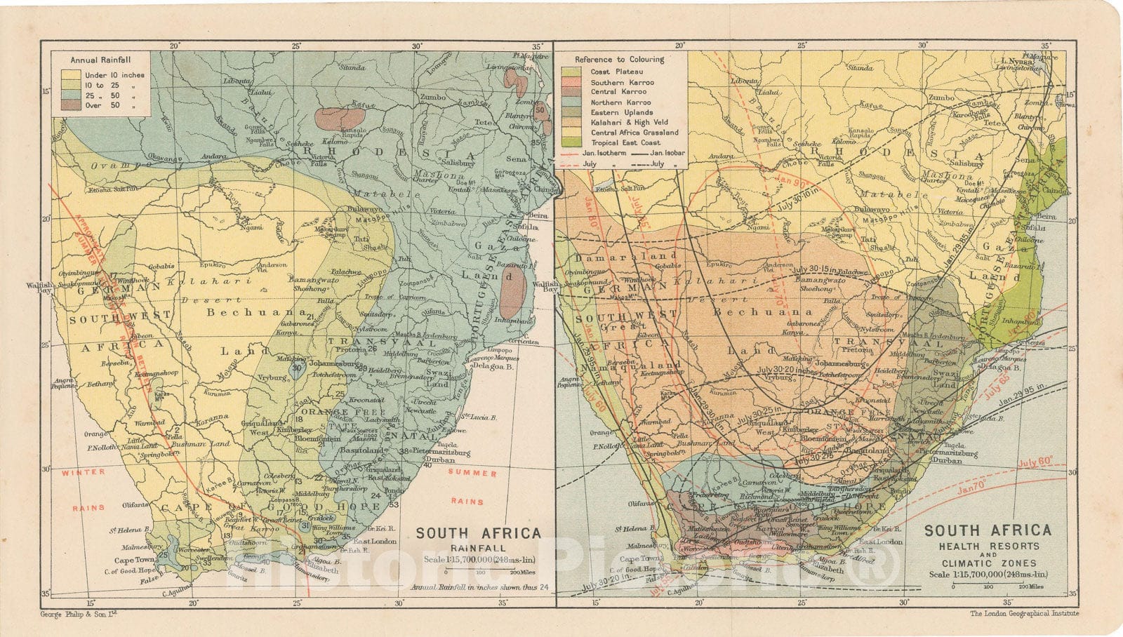 Historic Map : South Africa - Rainfall and Climate 1911 , Vintage Wall Art