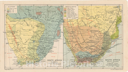 Historic Map : South Africa - Rainfall and Climate 1911 , Vintage Wall Art