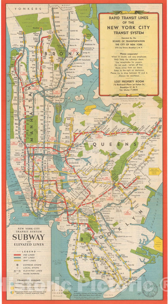 Historic Map : New York City Transit Maps, New York City Rapid Transit Lines 1952 Railroad Catography , v3, Vintage Wall Art