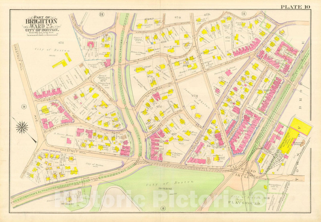 Historic Map : Atlas City of Boston, Wards 25 & 26 Brighton, Brighton 1916 Plate 010 , Vintage Wall Art