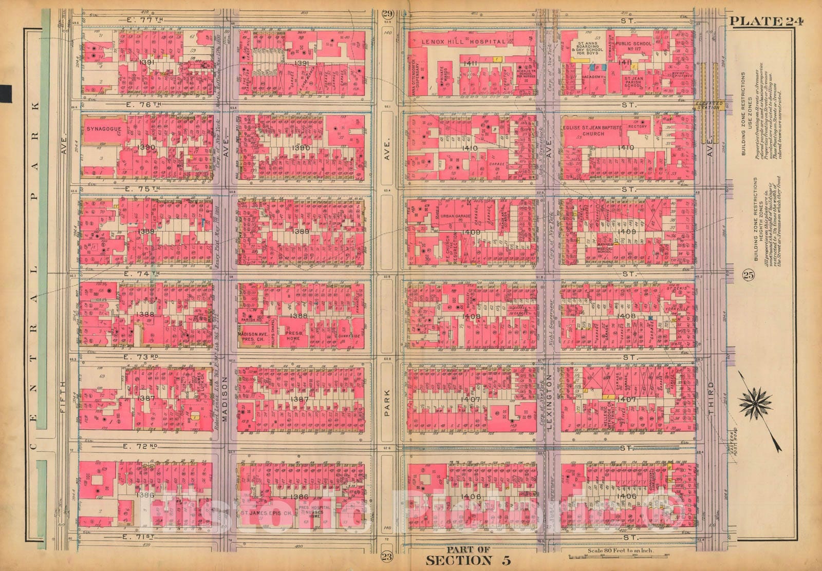 Historic Map : Atlas City of New York, Borough of Manhattan, Volume 3, 59th St to 110th St, Manhattan 1921 Plate 024 , Vintage Wall Art