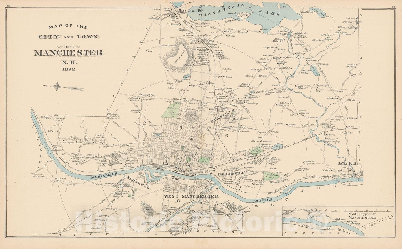 Historic Map : Manchester 1892 , Town and City Atlas State of New Hampshire , v13, Vintage Wall Art