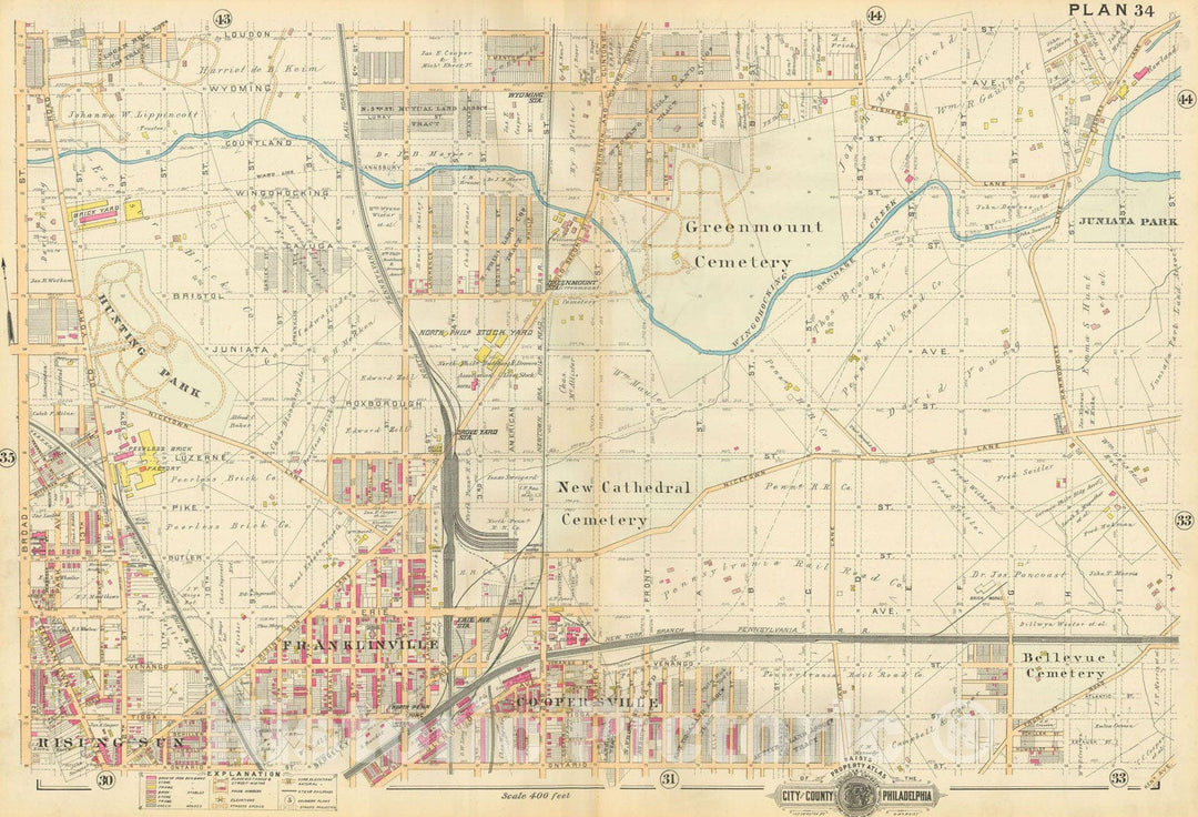 Historic Map : Baist's Property Atlas of Philadelphia, Philadelphia 1895 Plate 034 , Vintage Wall Art