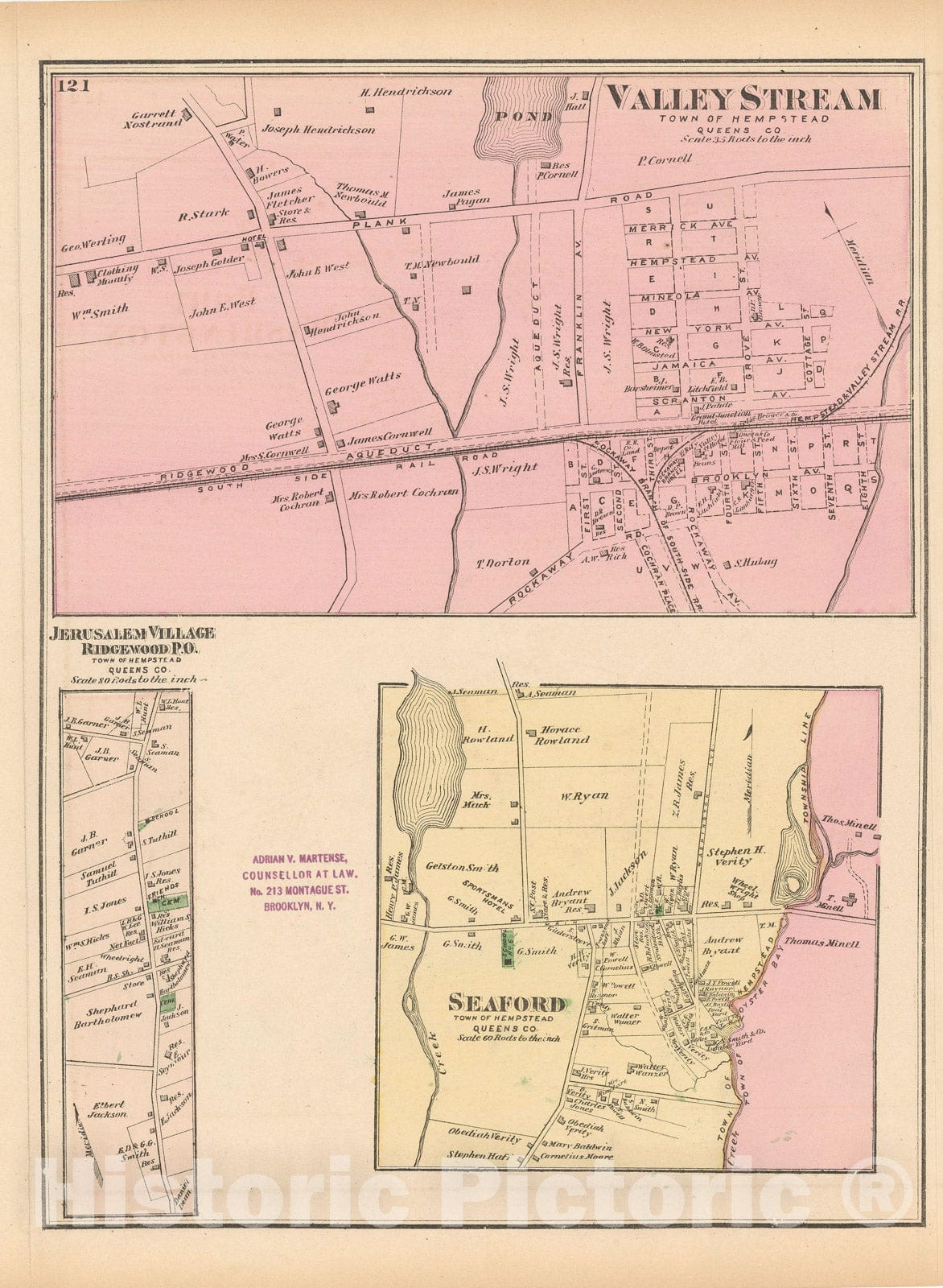 Historic Map : Atlas of Long Island, New York, Hempstead 1873 , v7, Vintage Wall Art