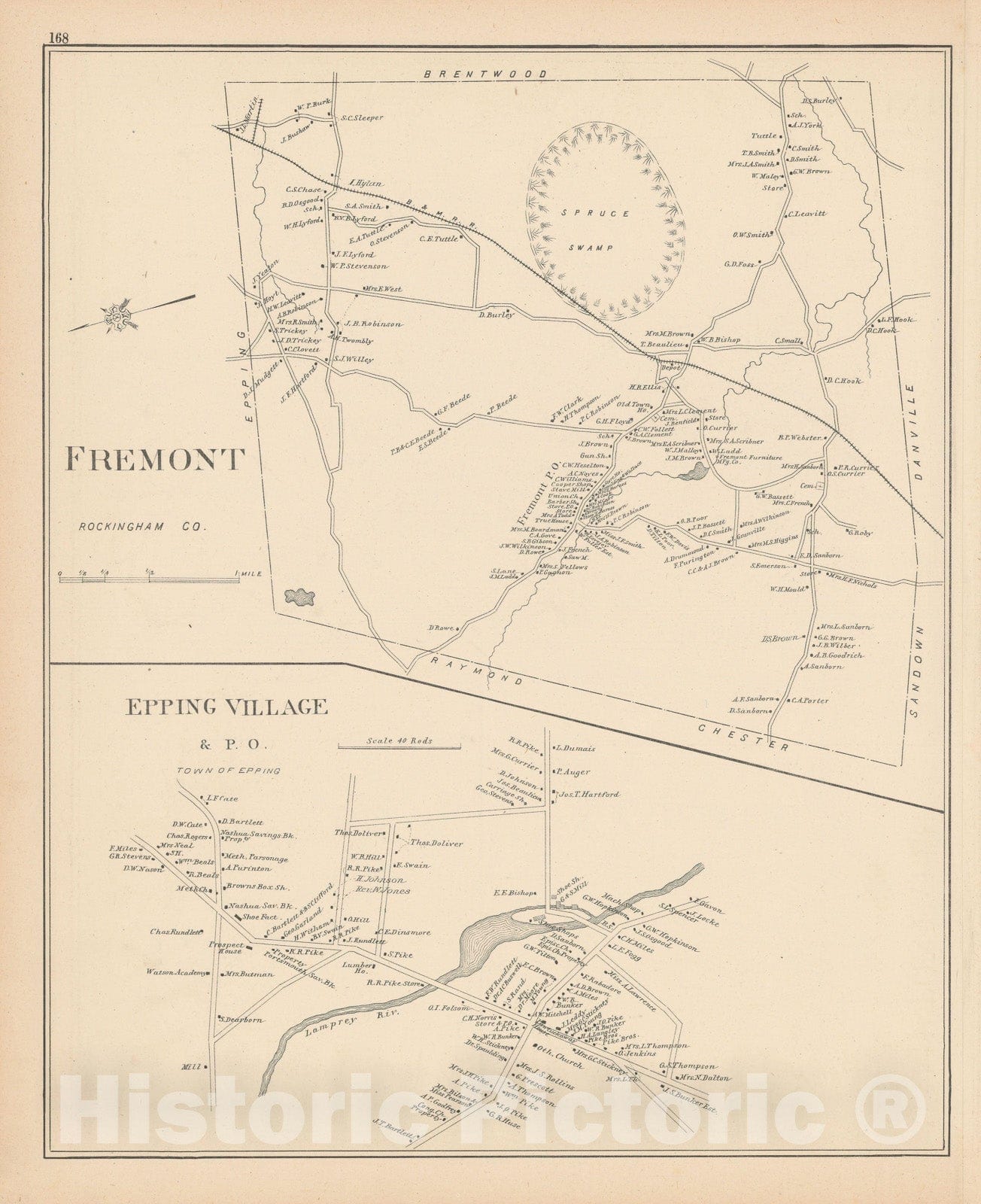 Historic Map : Epping & Fremont 1892 , Town and City Atlas State of New Hampshire , Vintage Wall Art