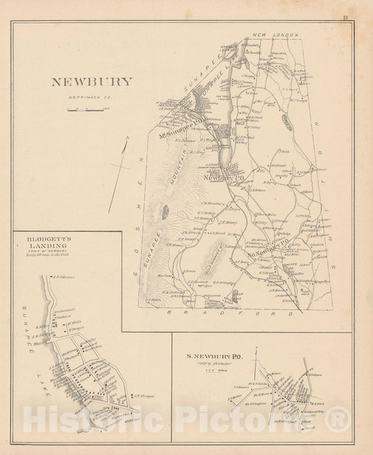 Historic Map : Newbury 1892 , Town and City Atlas State of New Hampshire , Vintage Wall Art