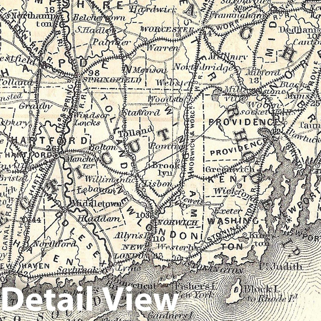 Historic Map : Railroad Maps of the United States, Connecticut & Massachusetts & Rhode Island 1848 , Vintage Wall Art