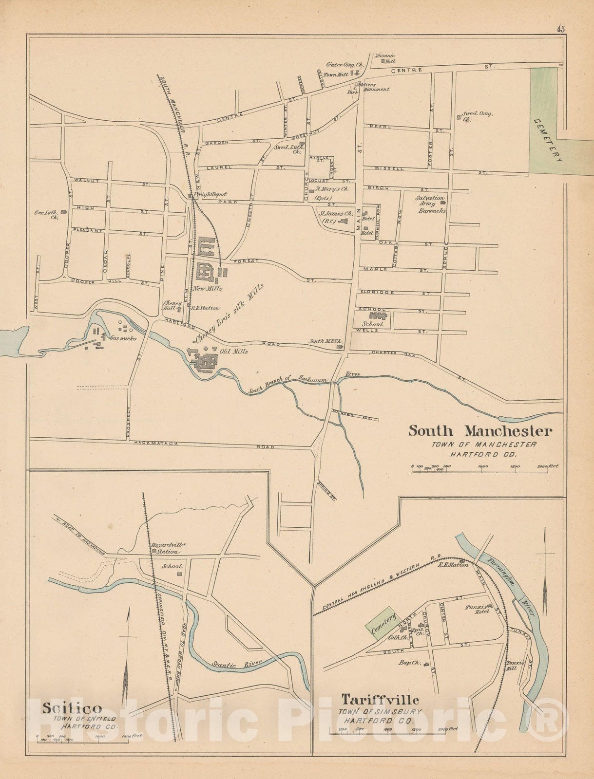 Historic Map : Enfield & Manchester & Simsbury 1893 , Town and City Atlas State of Connecticut , Vintage Wall Art