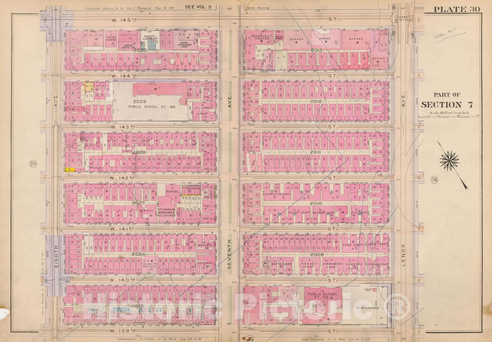 Historic Map : Atlas City of New York, Borough of Manhattan, Volume 4, 110th St to 145th St, Manhattan 1914 Plate 030 , Vintage Wall Art