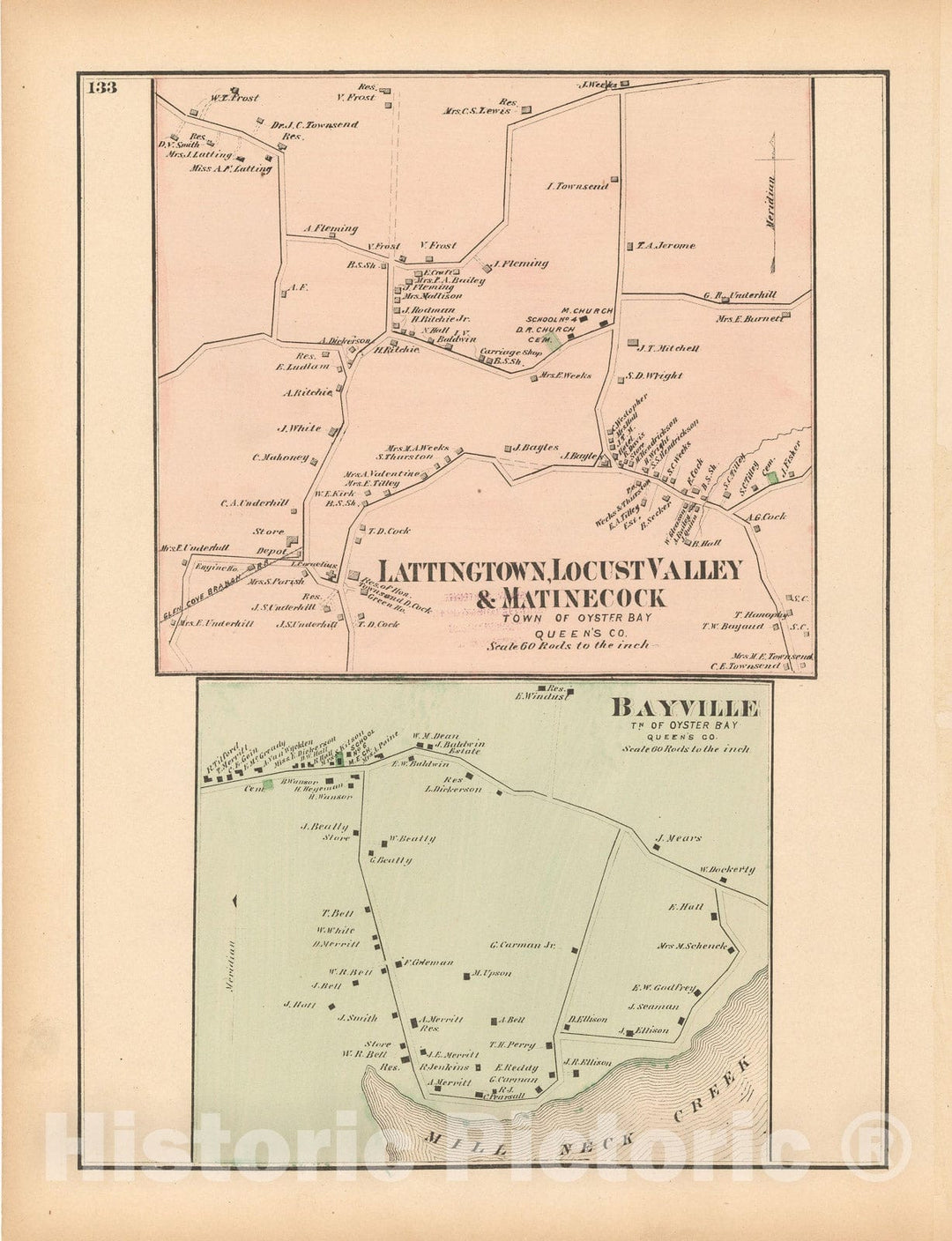 Historic Map : Atlas of Long Island, New York, Oyster Bay 1873 , v4, Vintage Wall Art