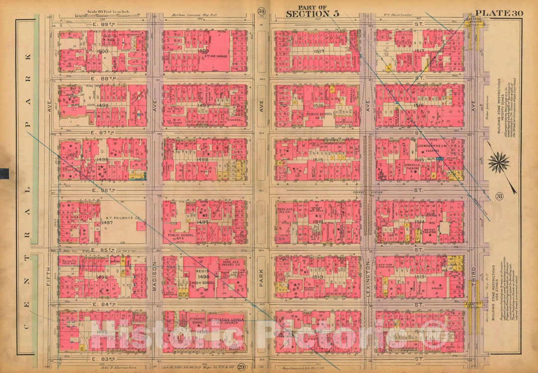 Historic Map : Atlas City of New York, Borough of Manhattan, Volume 3, 59th St to 110th St, Manhattan 1921 Plate 030 , Vintage Wall Art