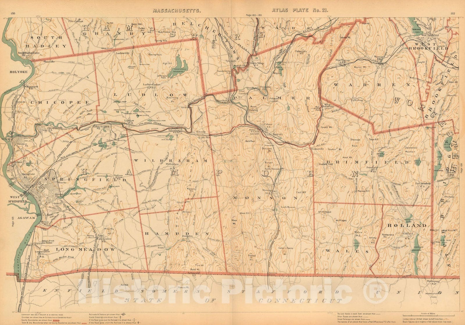 Historic Map : Atlas of Mass, Brimfield & Chicopee & Ludlow & Monson & Palmer & Springfield & Warren & Wilbraham 1891 Plate 021 , Vintage Wall Art