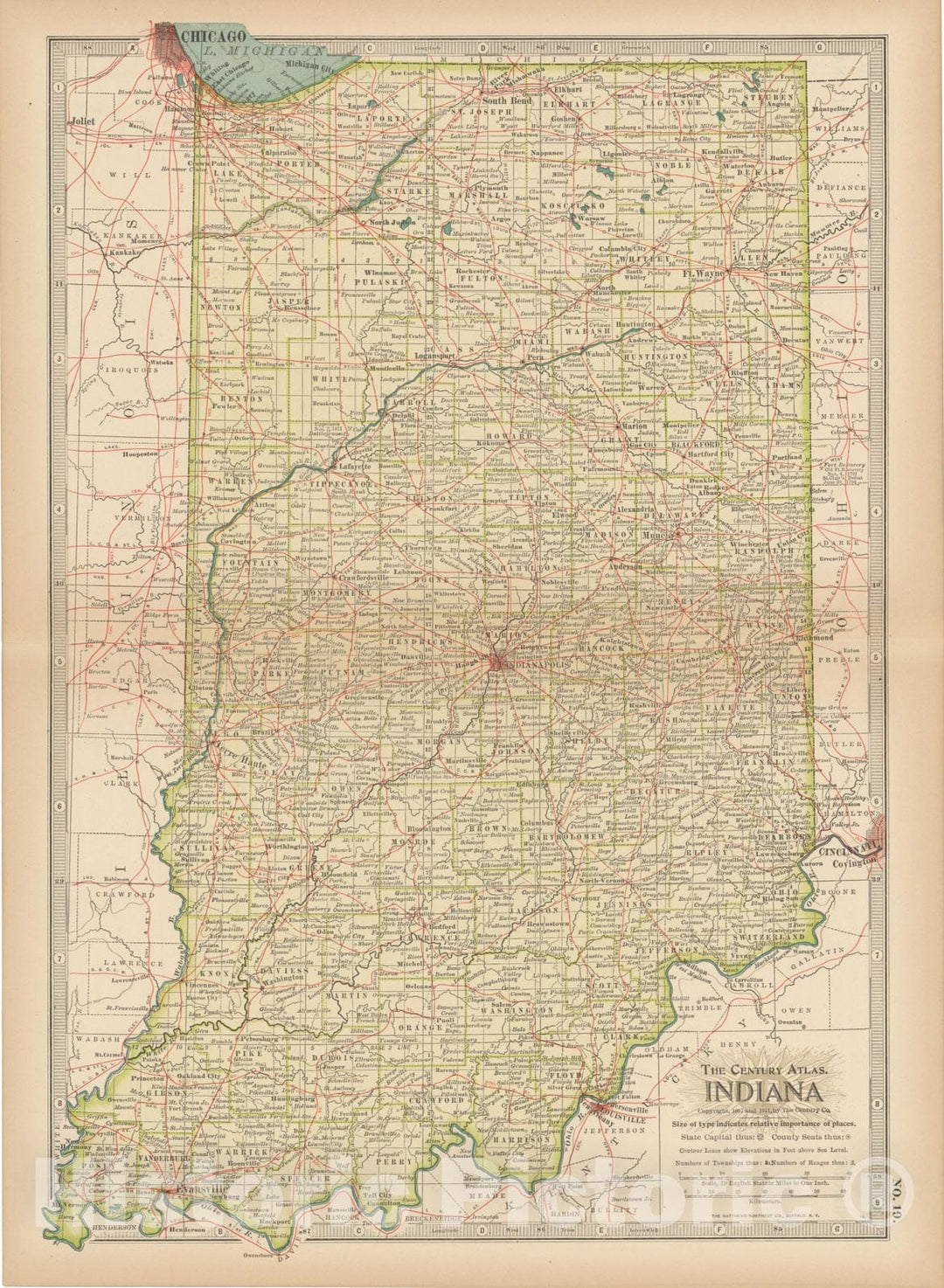 Historic Map : Indiana 1914 , Century Atlas of the World, Vintage Wall Art