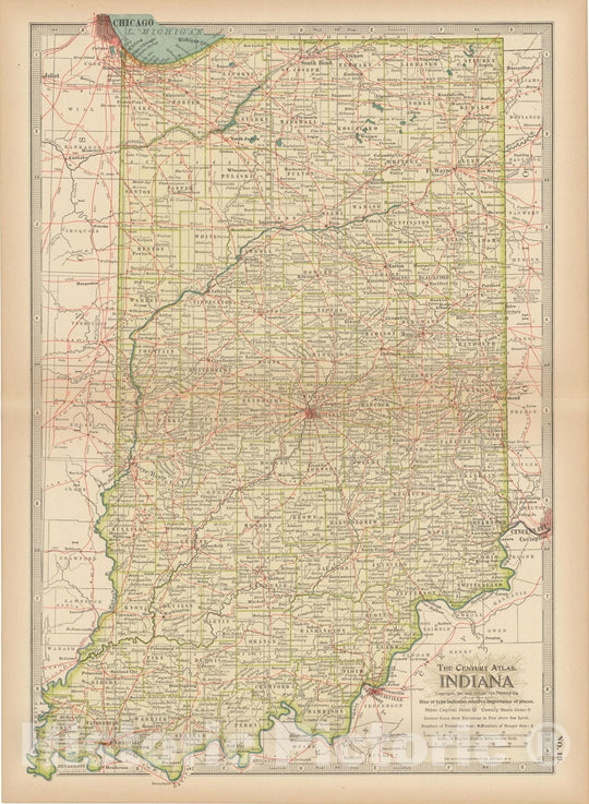 Historic Map : Indiana 1914 , Century Atlas of the World, Vintage Wall Art