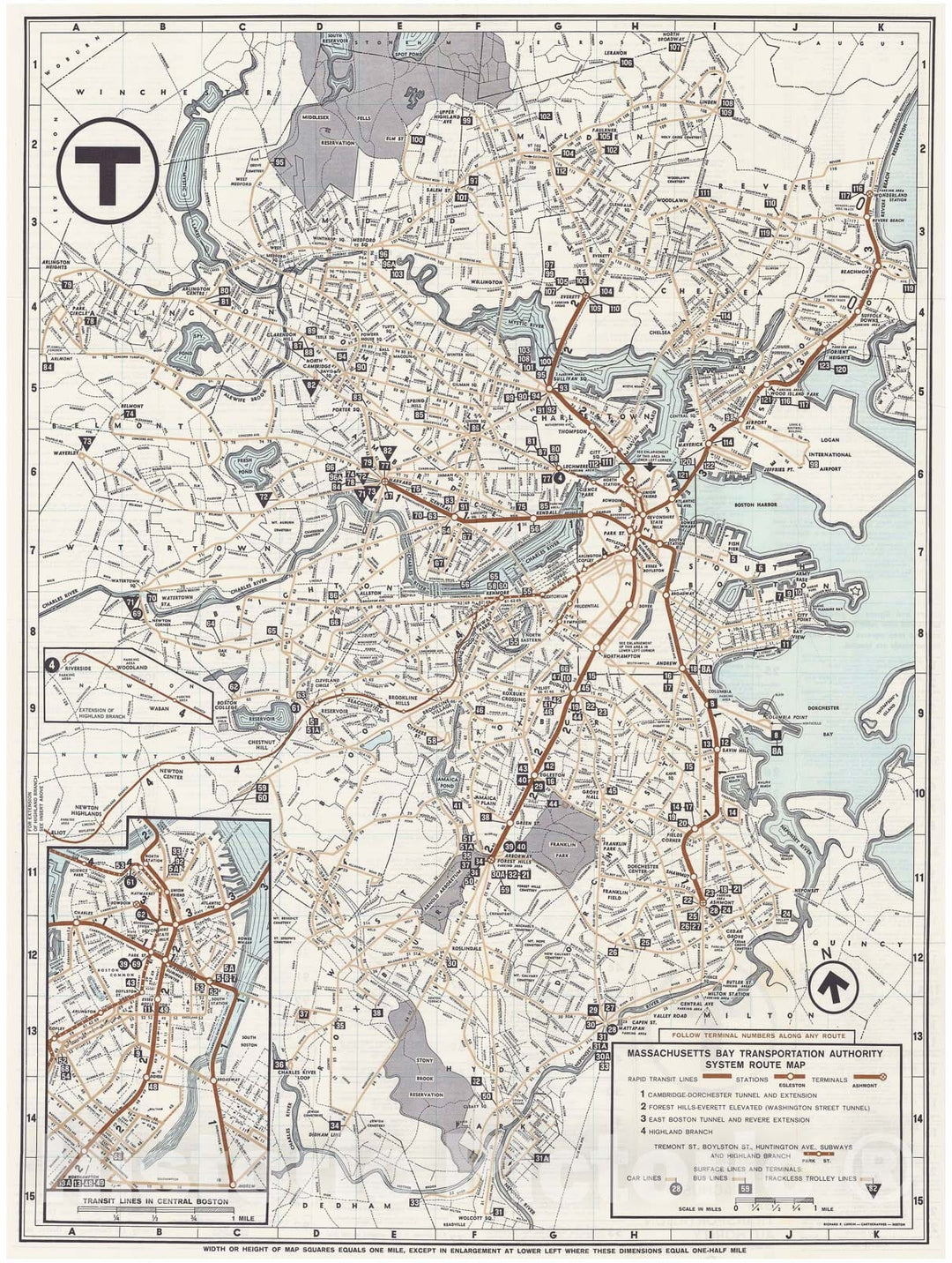 Historic Map : Greater Boston Transit Maps, Boston MBTA System Route Map 1966 Railroad Catography , Vintage Wall Art