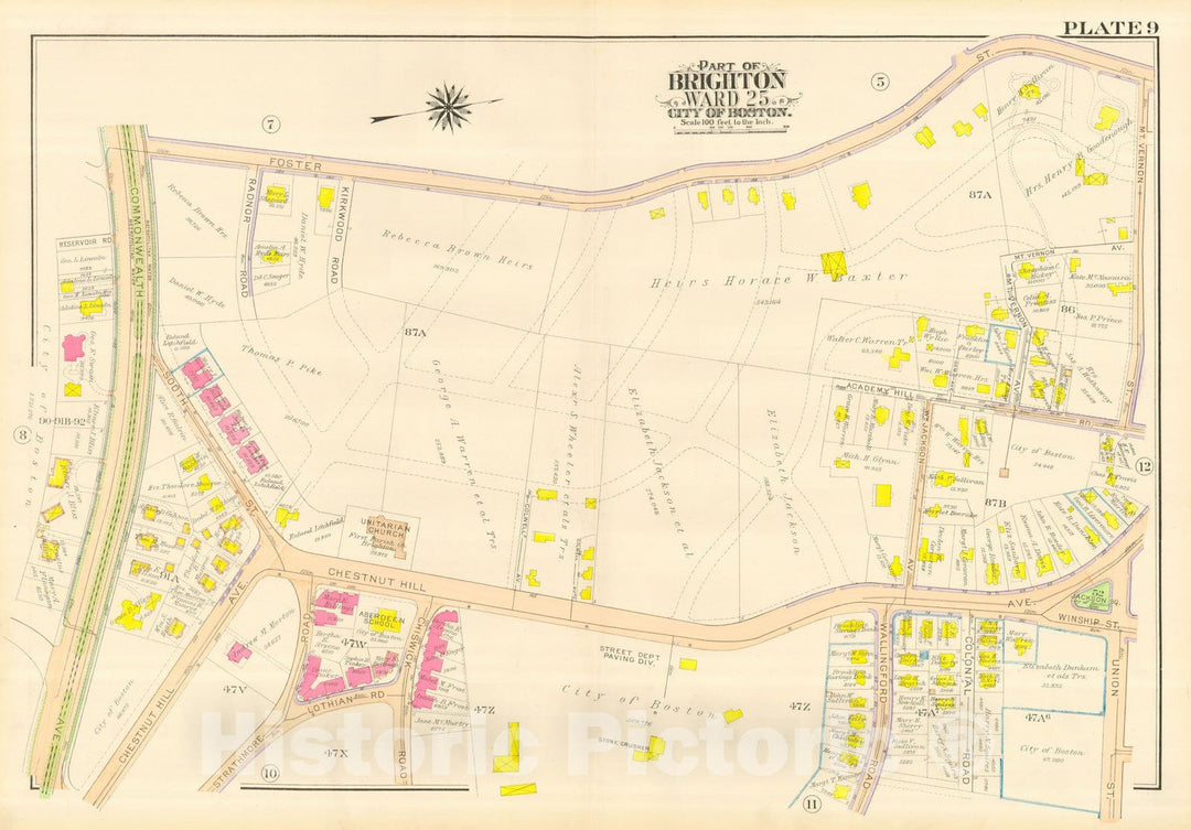 Historic Map : Atlas City of Boston, Wards 25 & 26 Brighton, Brighton 1916 Plate 009 , Vintage Wall Art