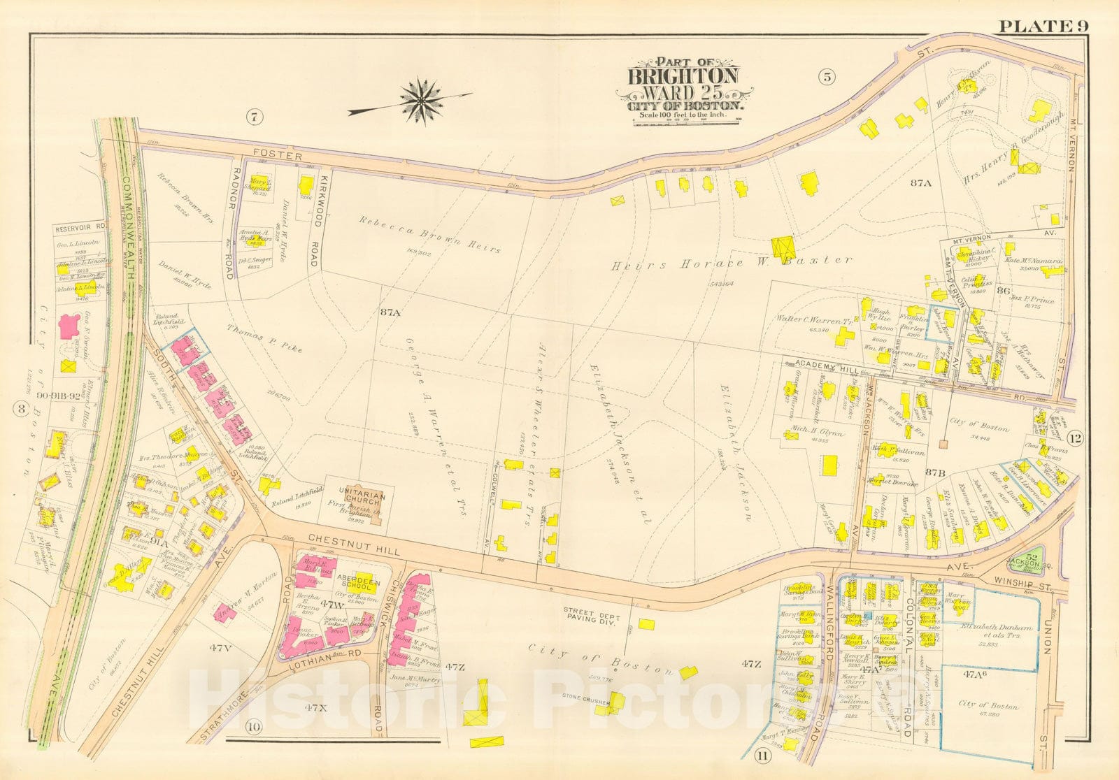 Historic Map : Atlas City of Boston, Wards 25 & 26 Brighton, Brighton 1916 Plate 009 , Vintage Wall Art