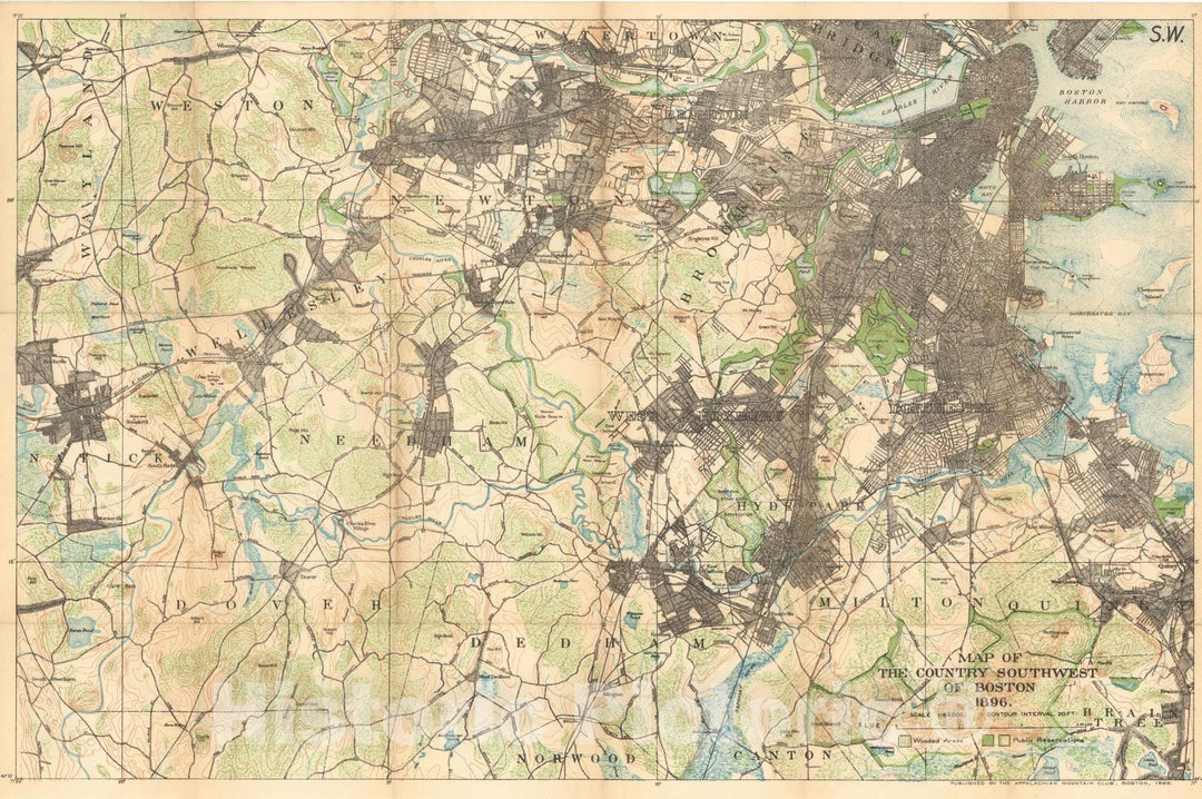 Historic Map : Country Southwest of Boston 1897 , Vintage Wall Art