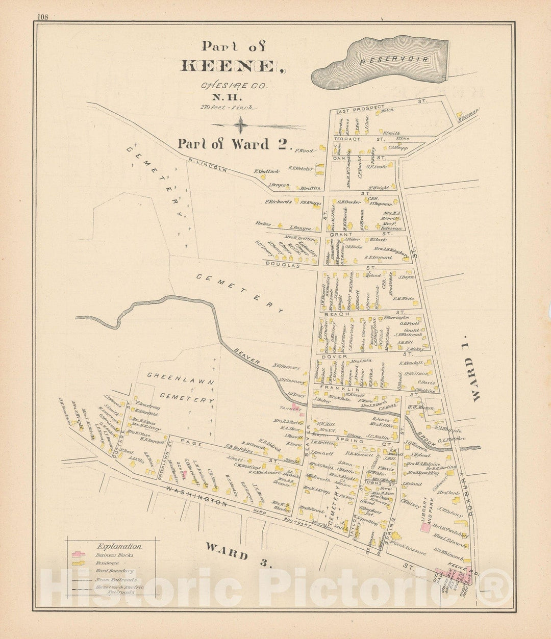 Historic Map : Keene 1892 , Town and City Atlas State of New Hampshire , v7, Vintage Wall Art