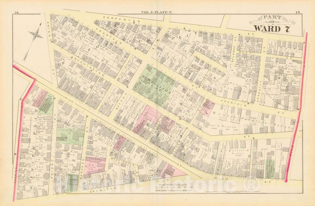 Historic Map : City Atlas of Providence Rhode Island by Wards, Volume III, Providence 1875 Plate C , Vintage Wall Art