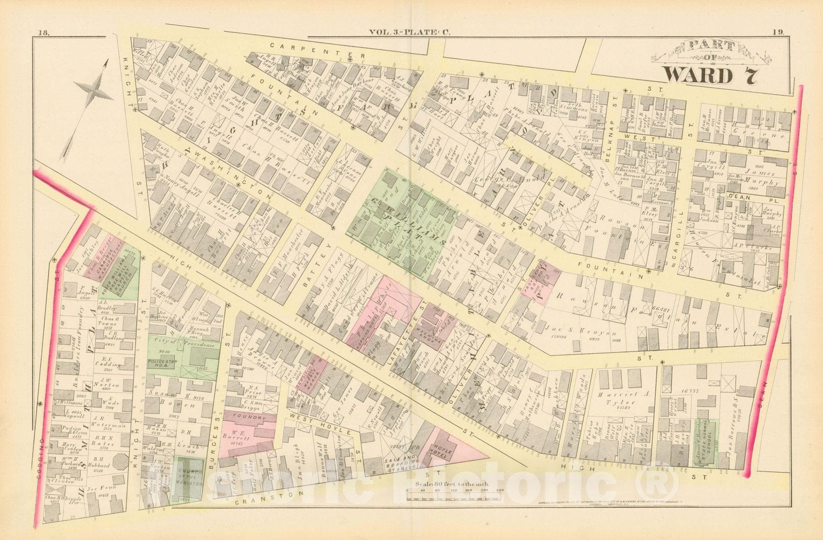 Historic Map : City Atlas of Providence Rhode Island by Wards, Volume III, Providence 1875 Plate C , Vintage Wall Art