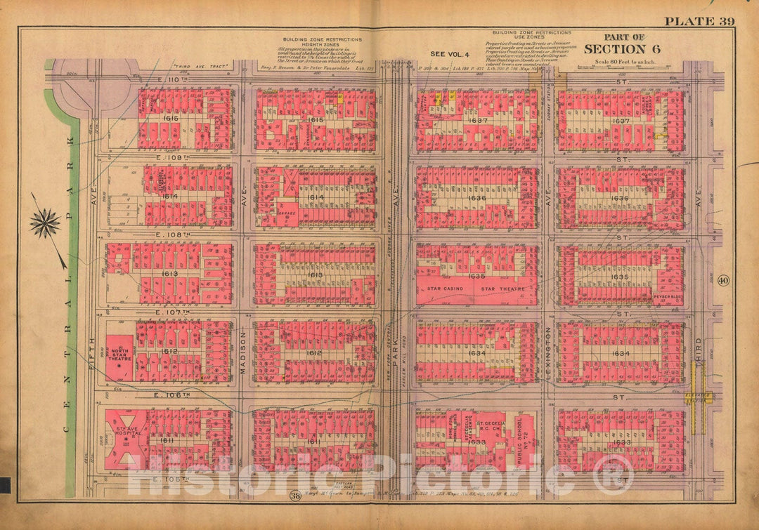 Historic Map : Atlas City of New York, Borough of Manhattan, Volume 3, 59th St to 110th St, Manhattan 1921 Plate 039 , Vintage Wall Art