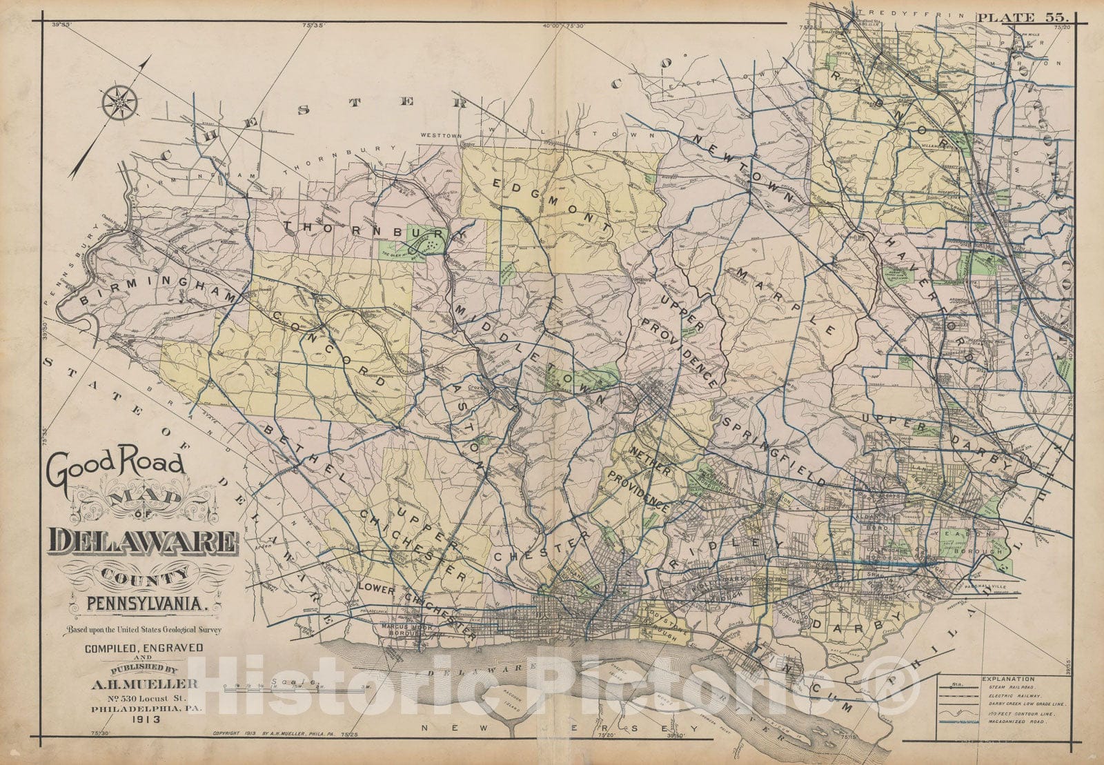 Historic Map : Atlas of Delaware County, West of Ridley Creek, Vol. Two, Delaware 1913 Plate 055 , Vintage Wall Art