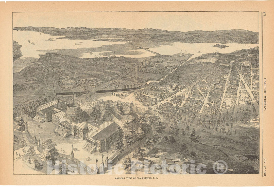 Historic Map : Washington D.C. (Dist. of Columbia), Washington 1861 Bird's Eye View , Vintage Wall Art