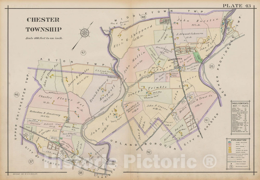 Historic Map : Atlas of Delaware County, West of Ridley Creek, Vol. Two, Chester 1913 Plate 043 , Vintage Wall Art