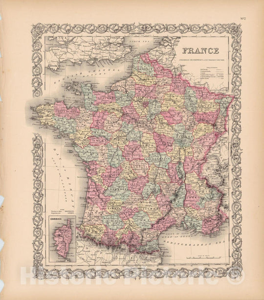 Historic Map : France 1856 , Colton's Atlas World , Vintage Wall Art