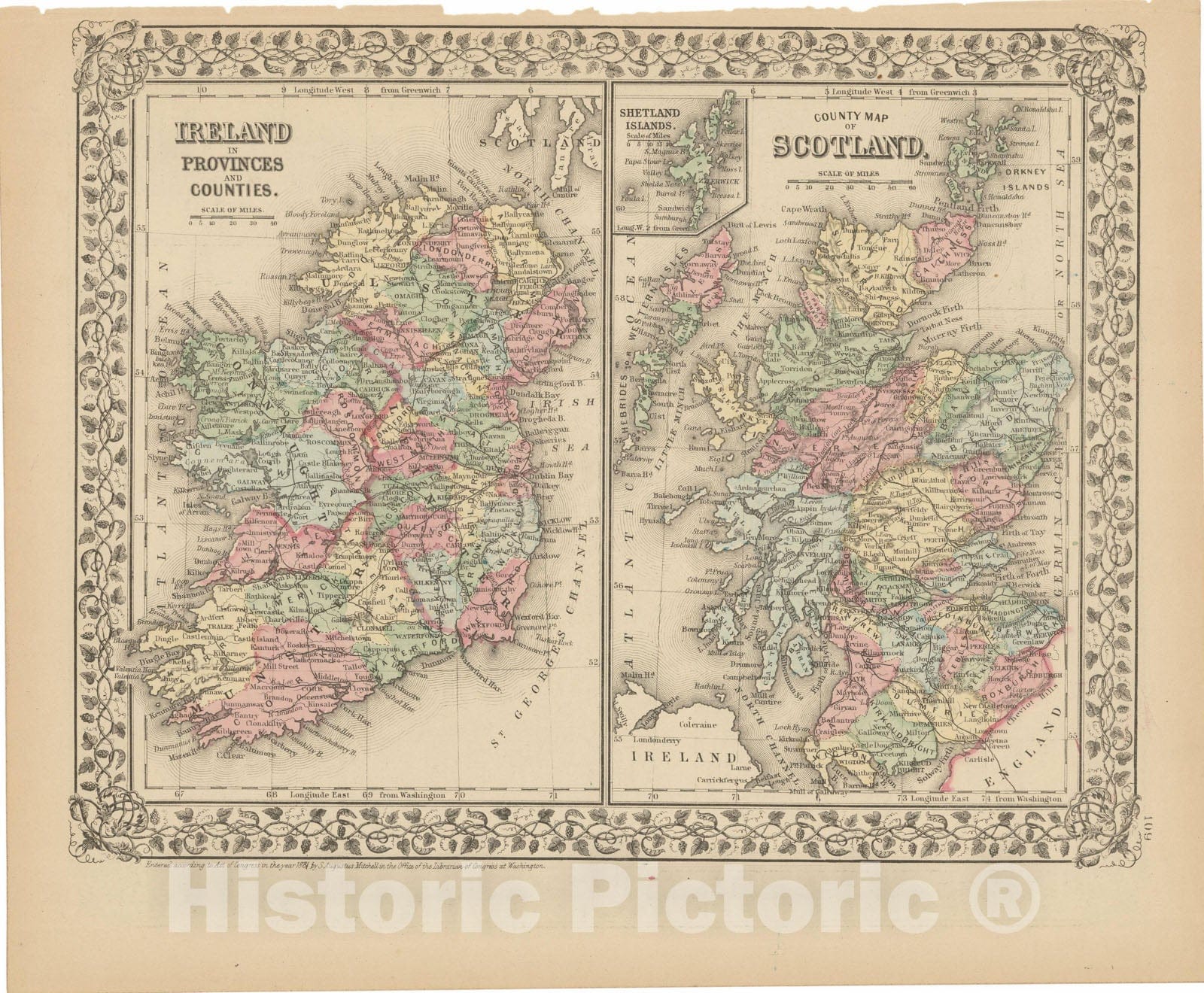 Historic Map : Ireland & Scotland 1882 , Mitchell's New General Atlas , Vintage Wall Art