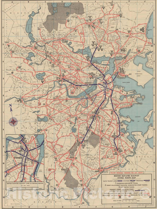 Historic Map : Greater Boston Transit Maps, Boston Elevated Railway System Route Map No. 7 1946 Railroad Catography , Vintage Wall Art