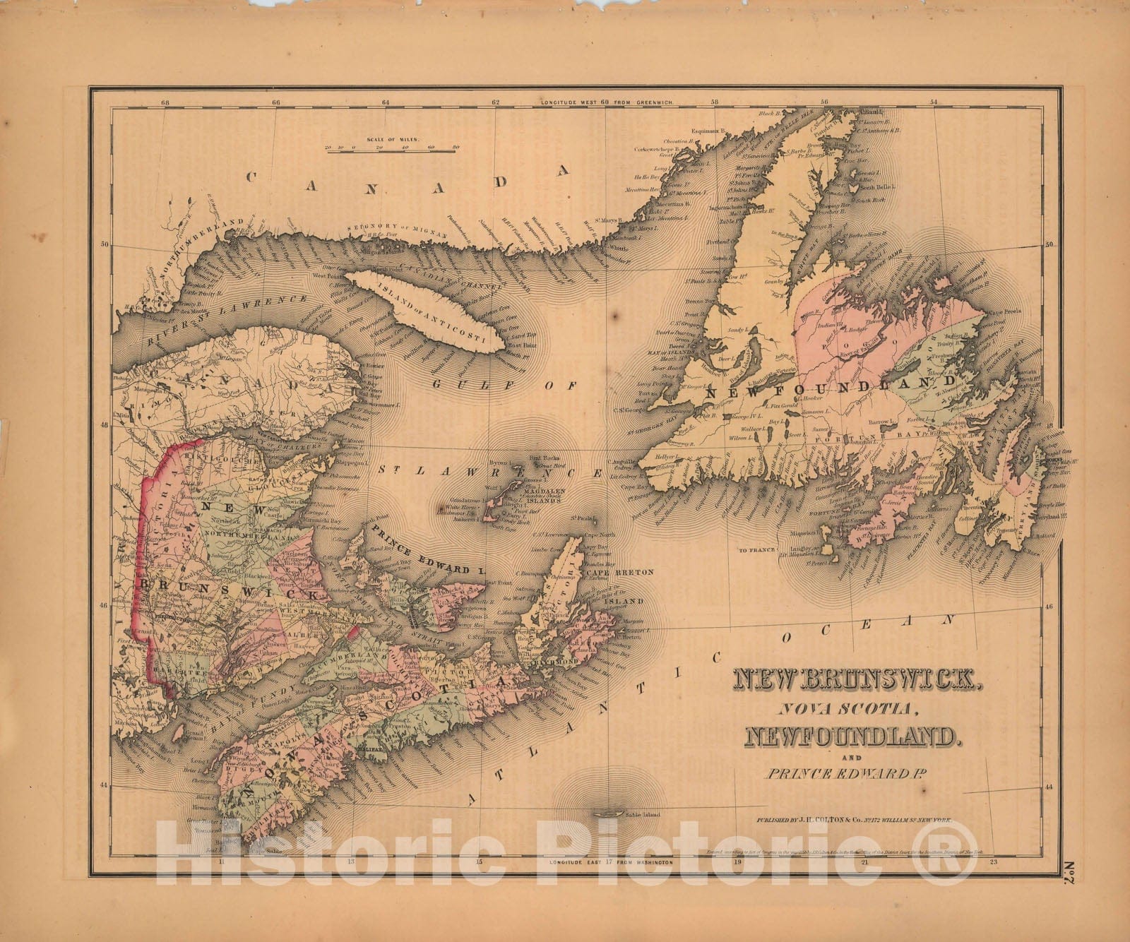 Historic Map : General Atlas (Of The World), New Brunswick & Newfoundland & Nova Scotia & Prince Edward Island 1857 , Vintage Wall Art