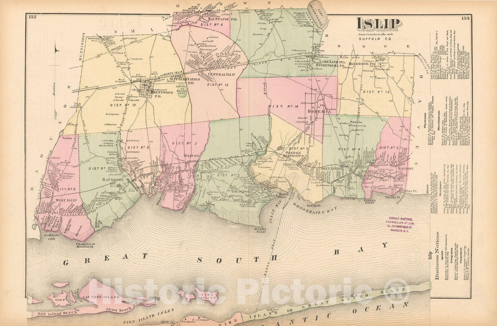 Historic Map : Atlas of Long Island, New York, Islip 1873 , v2, Vintage Wall Art