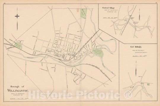 Historic Map : Killingly & Plainfield & Windham 1893 , Town and City Atlas State of Connecticut , v2, Vintage Wall Art