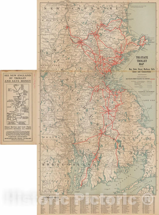 Historic Map : New Hampshire, Tri-State Trolley Map Transit Railroad Catography , Vintage Wall Art