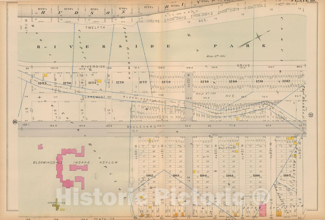 Historic Map : Atlas City of New York, Vol 2 ... 12th Ward, 2nd Ed., Manhattan 1884 Plate 019 , Vintage Wall Art