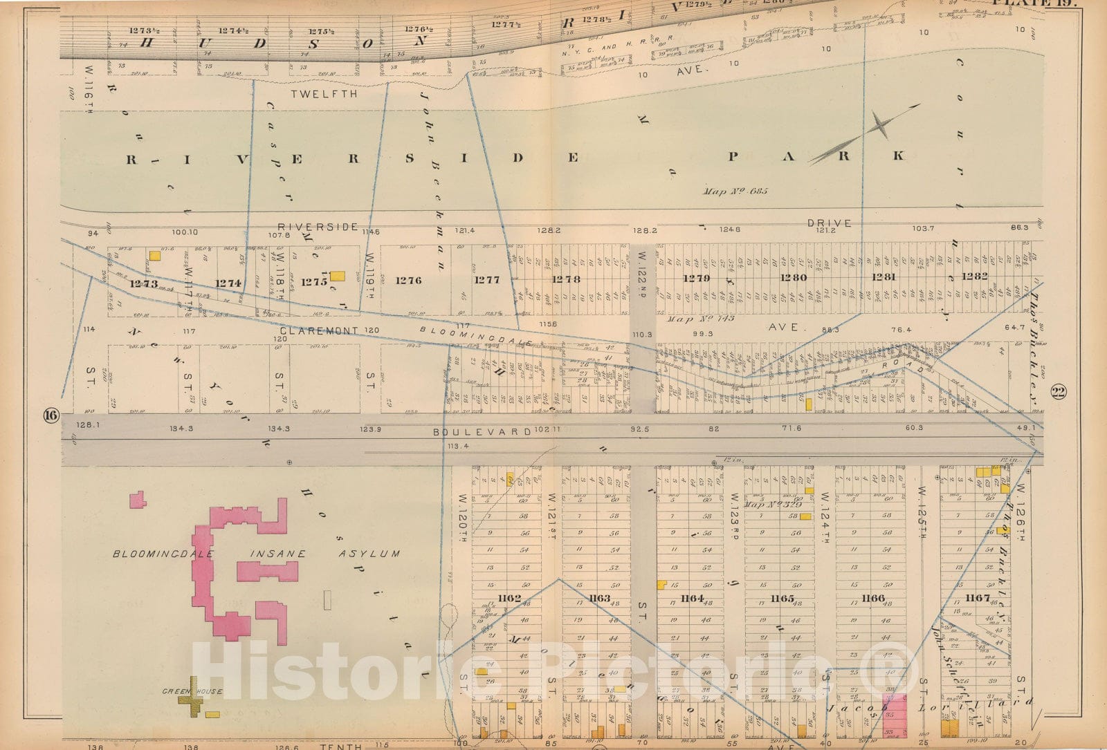 Historic Map : Atlas City of New York, Vol 2 ... 12th Ward, 2nd Ed., Manhattan 1884 Plate 019 , Vintage Wall Art