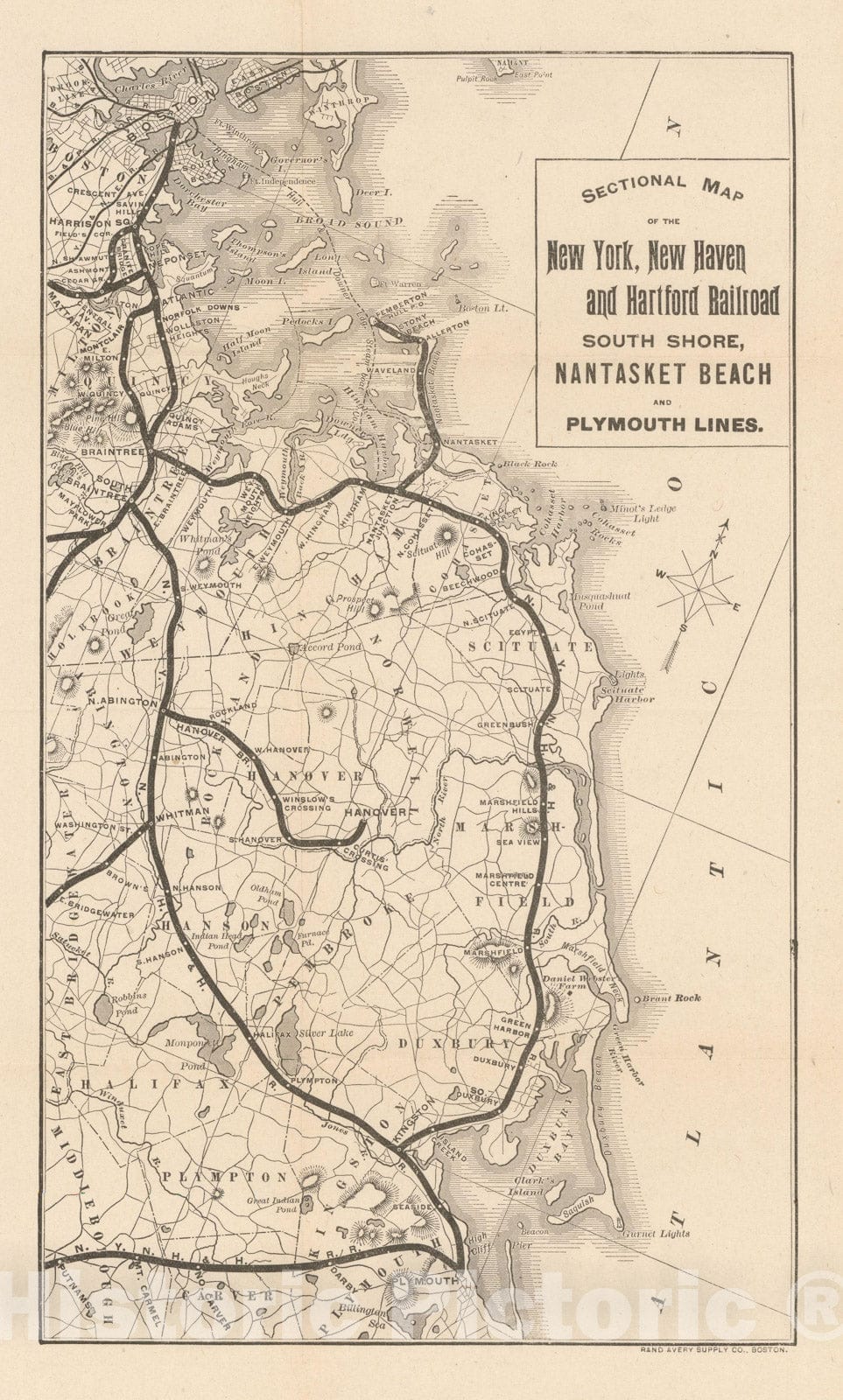 Historic Map : Plymouth County, Boston South Shore Railroad Map 1900 Transit Cartography , Vintage Wall Art