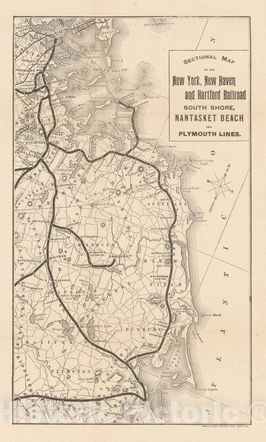 Historic Map : Plymouth County, Boston South Shore Railroad Map 1900 Transit Cartography , Vintage Wall Art