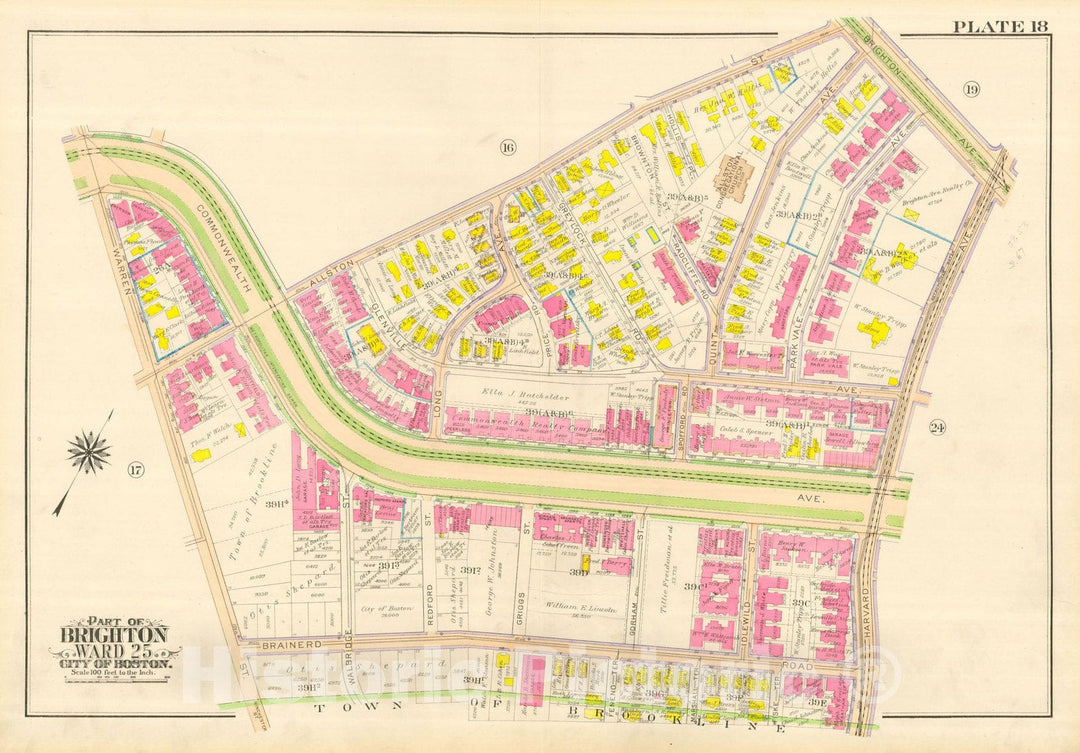Historic Map : Atlas City of Boston, Wards 25 & 26 Brighton, Brighton 1916 Plate 018 , Vintage Wall Art