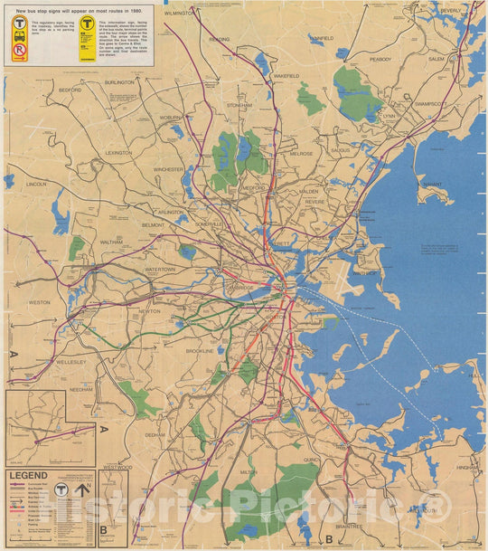 Historic Map : Greater Boston Transit Maps, MBTA System Map 1980 Railroad Catography , v2, Vintage Wall Art