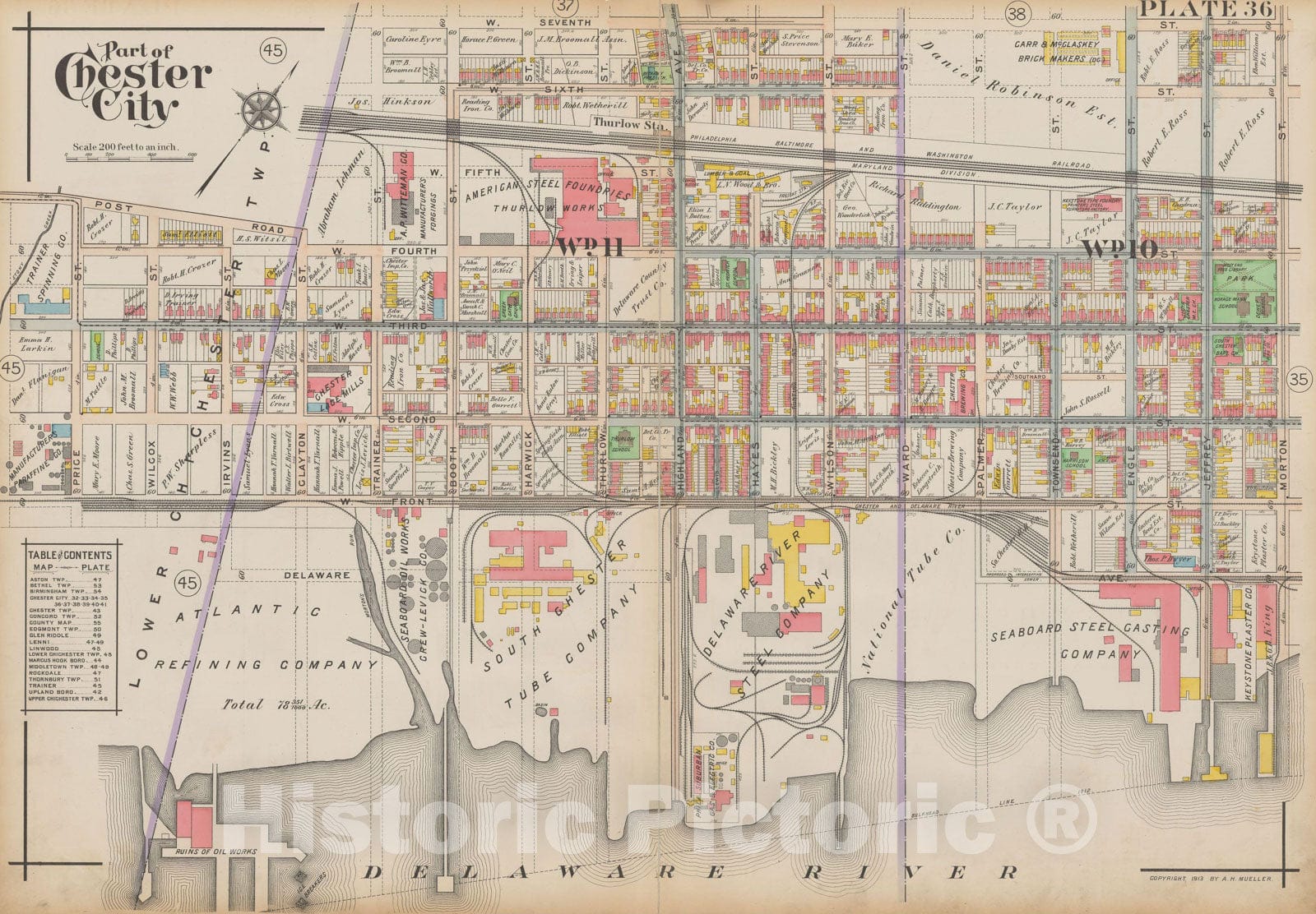 Historic Map : Atlas of Delaware County, West of Ridley Creek, Vol. Two, Chester City & Lower Chichester 1913 Plate 036 , Vintage Wall Art