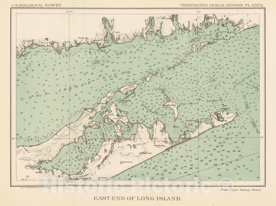 Historic Map : East End of Long Island 1893 Topographic Map , 13th Annual Report of the US Geological Survey , Vintage Wall Art