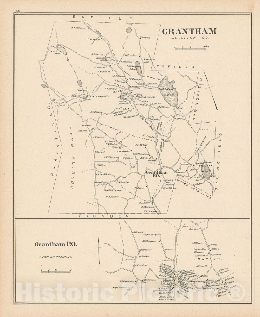 Historic Map : Grantham 1892 , Town and City Atlas State of New Hampshire , Vintage Wall Art