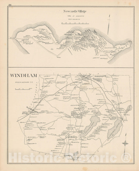 Historic Map : Newcastle & Windham 1892 , Town and City Atlas State of New Hampshire , Vintage Wall Art