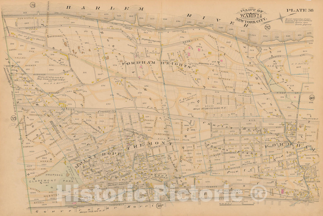 Historic Map : New York City & The Bronx 1885 Plate 038 , Robinson's Atlas City of New York , Vintage Wall Art