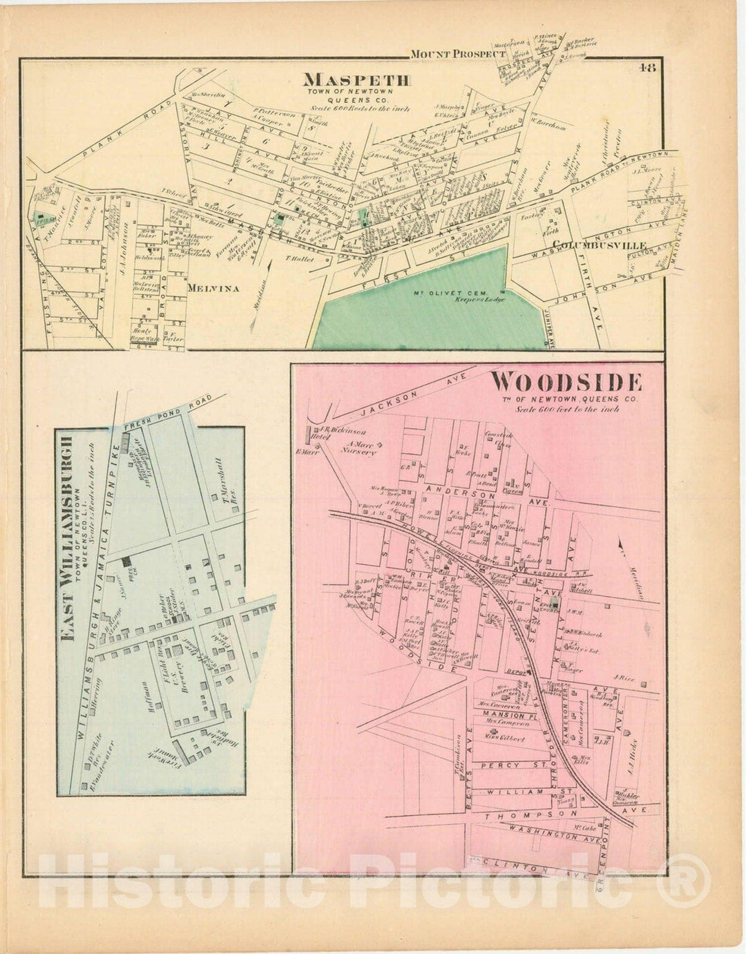 Historic Map : Atlas of Long Island, Newtown & Queens 1870 , v2, Vintage Wall Art