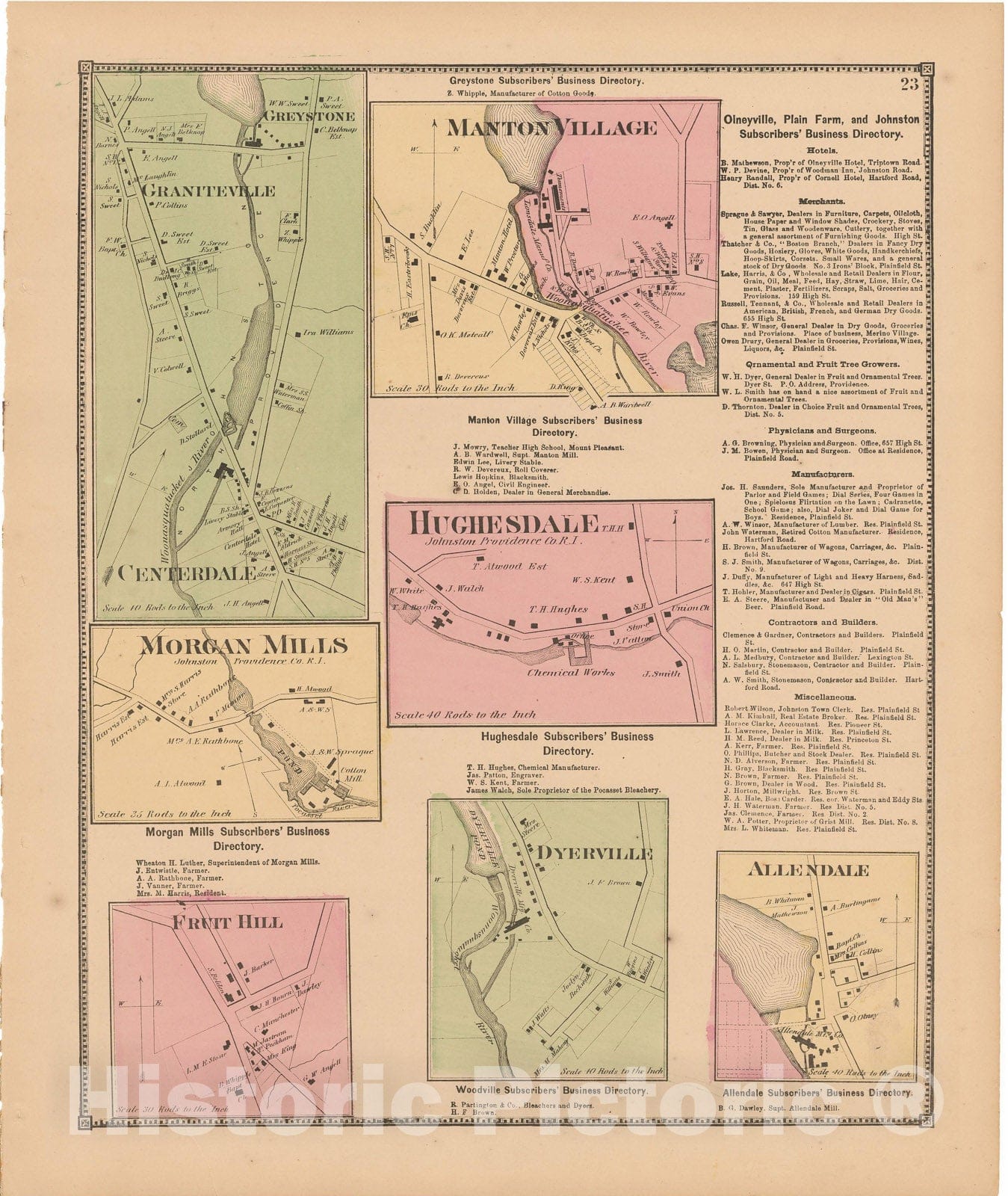 Historic Map : Atlas State of Rhode Island, Graniteville & Manton Village 1870 , Vintage Wall Art