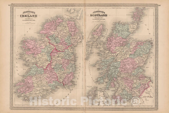 Historic Map : Family Atlas World, Ireland & Scotland 1873 , Vintage Wall Art